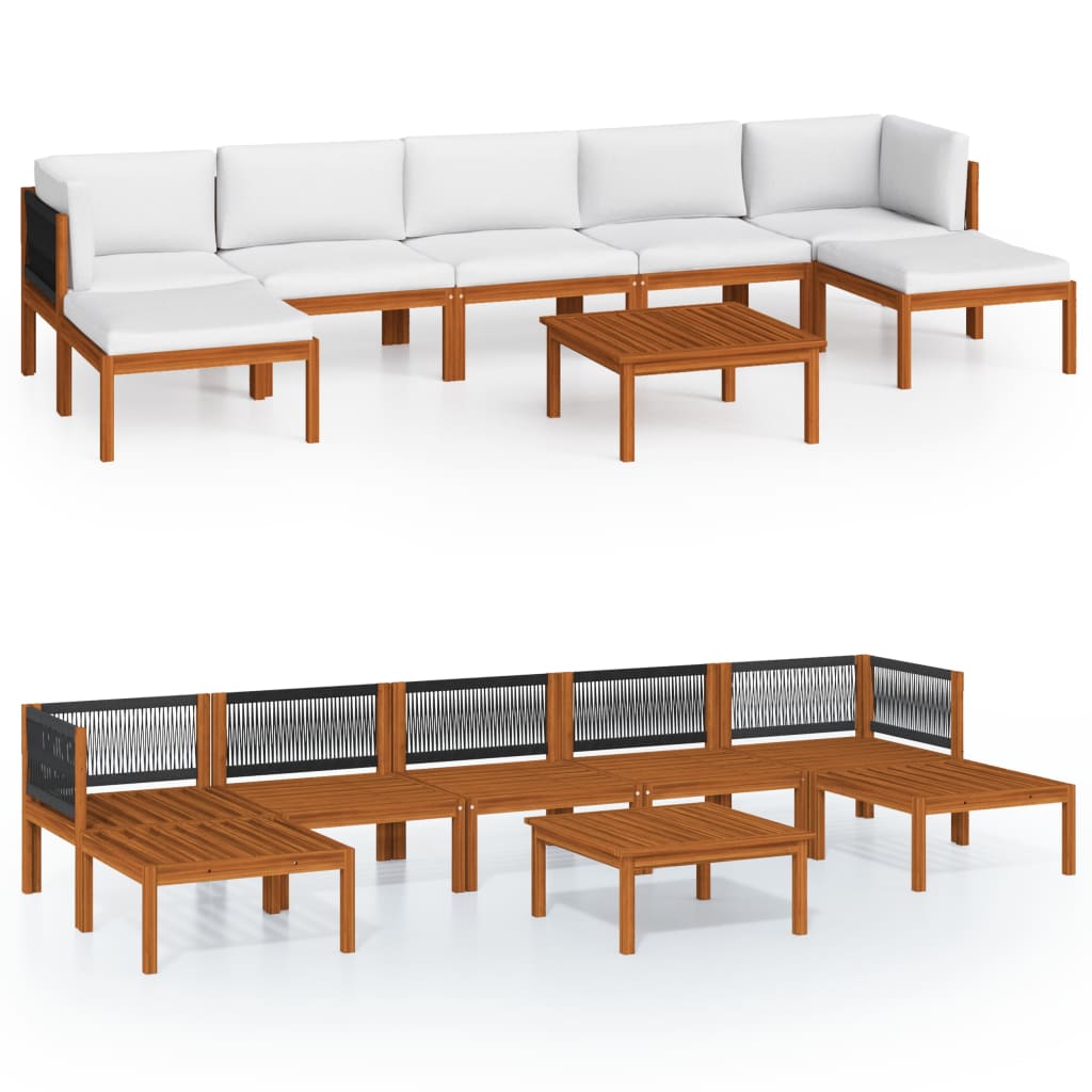 8-Delige Loungeset Met Kussens Massief Acaciahout Crème 1 2x hoek + 4x midden + voetensteun + Tafel