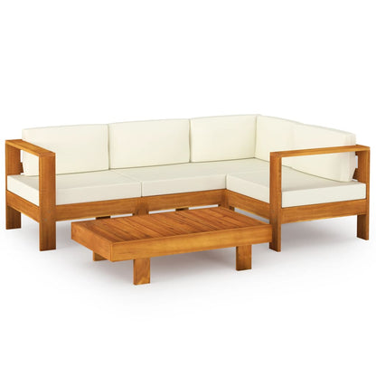 5-Delige Loungeset Met Witte Kussens Acaciahout Crème hoek + 3x midden + Tafel