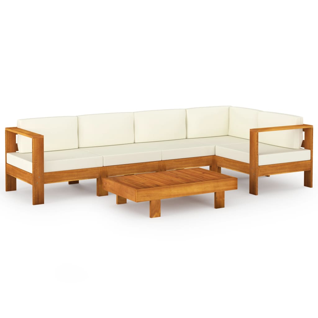 6-Delige Loungeset Met Witte Kussens Acaciahout Crème hoek + 4x midden + Tafel