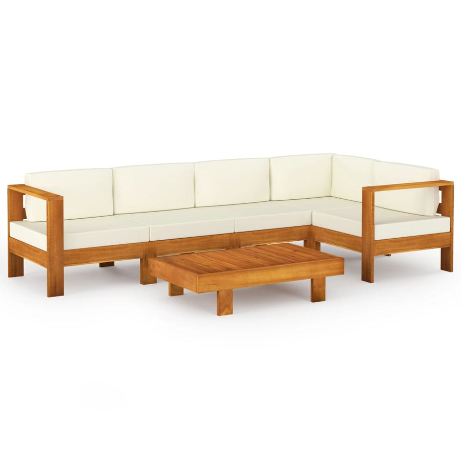 6-Delige Loungeset Met Witte Kussens Acaciahout Crème hoek + 4x midden + Tafel