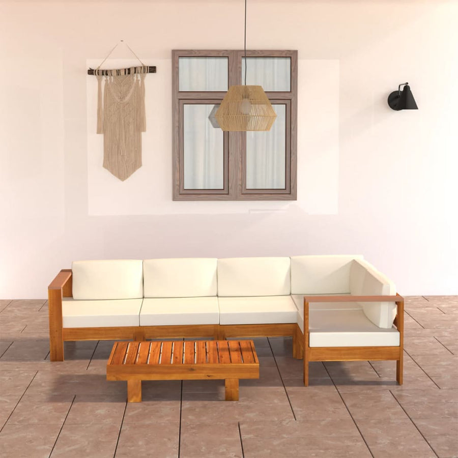 6-Delige Loungeset Met Witte Kussens Acaciahout Crème hoek + 4x midden + Tafel