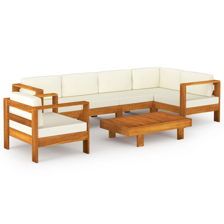 7-Delige Loungeset Met Witte Kussens Acaciahout Crème hoek + 4x midden + Fauteuil + Tafel