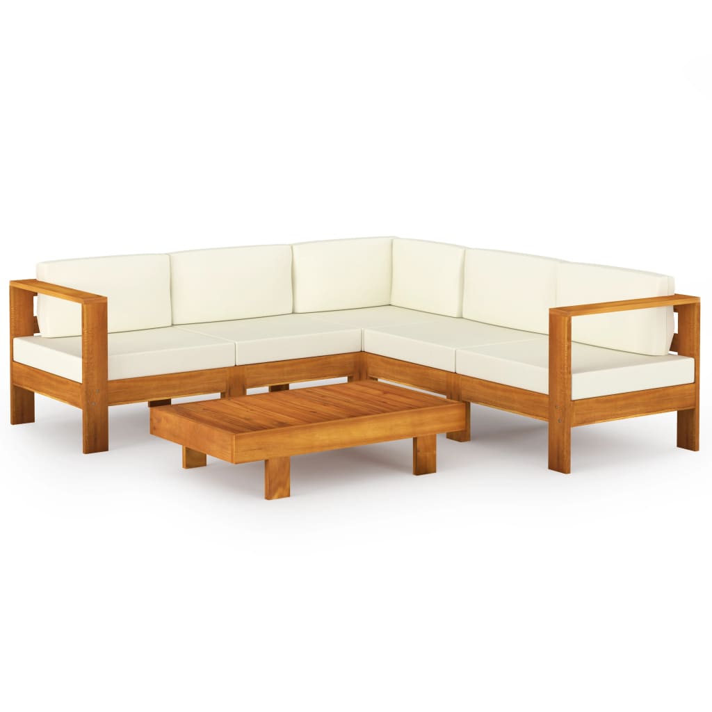 6-Delige Loungeset Met Witte Kussens Acaciahout Crème 4x midden + hoek + Tafel
