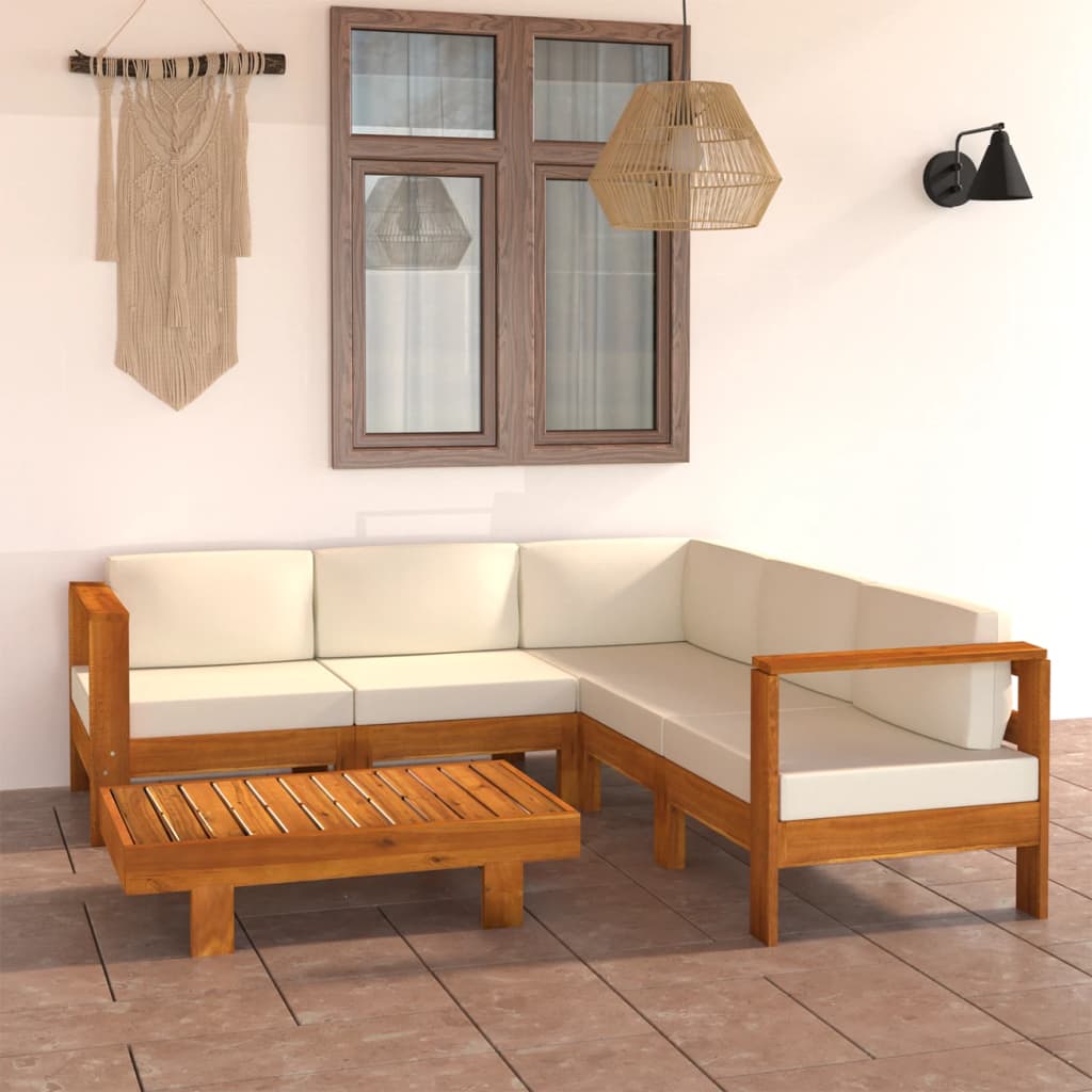 6-Delige Loungeset Met Witte Kussens Acaciahout Crème 4x midden + hoek + Tafel