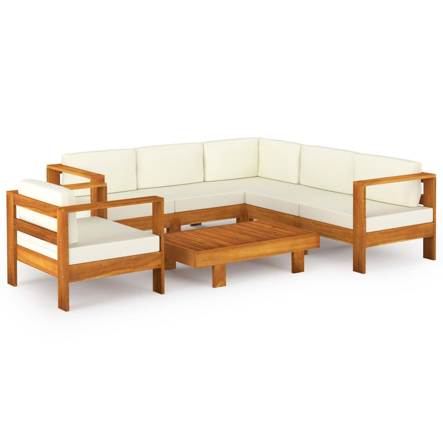 7-Delige Loungeset Met Witte Kussens Acaciahout Crème 4x midden + hoek + Fauteuil + Tafel