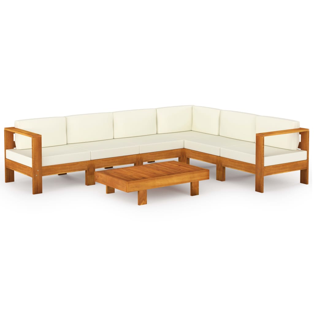 7-Delige Loungeset Met Witte Kussens Acaciahout Crème hoek + 5x midden + Tafel