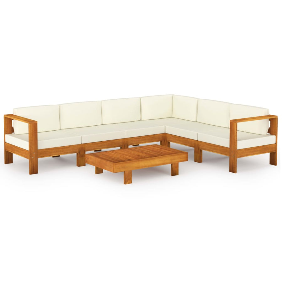 7-Delige Loungeset Met Witte Kussens Acaciahout Crème hoek + 5x midden + Tafel