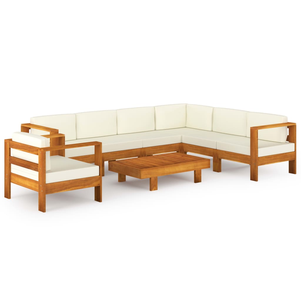 8-Delige Loungeset Met Witte Kussens Acaciahout Crème hoek + 5x midden + Fauteuil + Tafel
