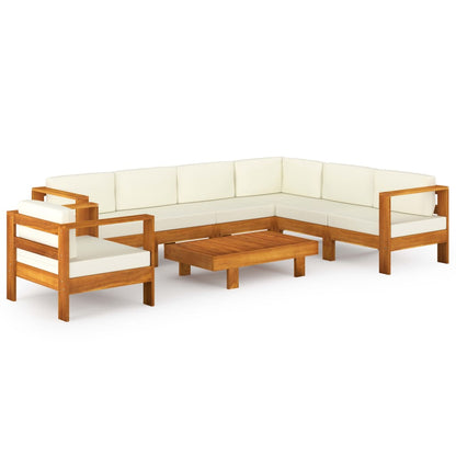 8-Delige Loungeset Met Witte Kussens Acaciahout Crème hoek + 5x midden + Fauteuil + Tafel