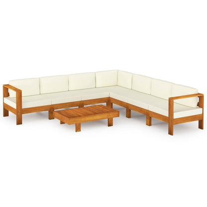 8-Delige Loungeset Met Witte Kussens Acaciahout Crème hoek + 6x midden + Tafel