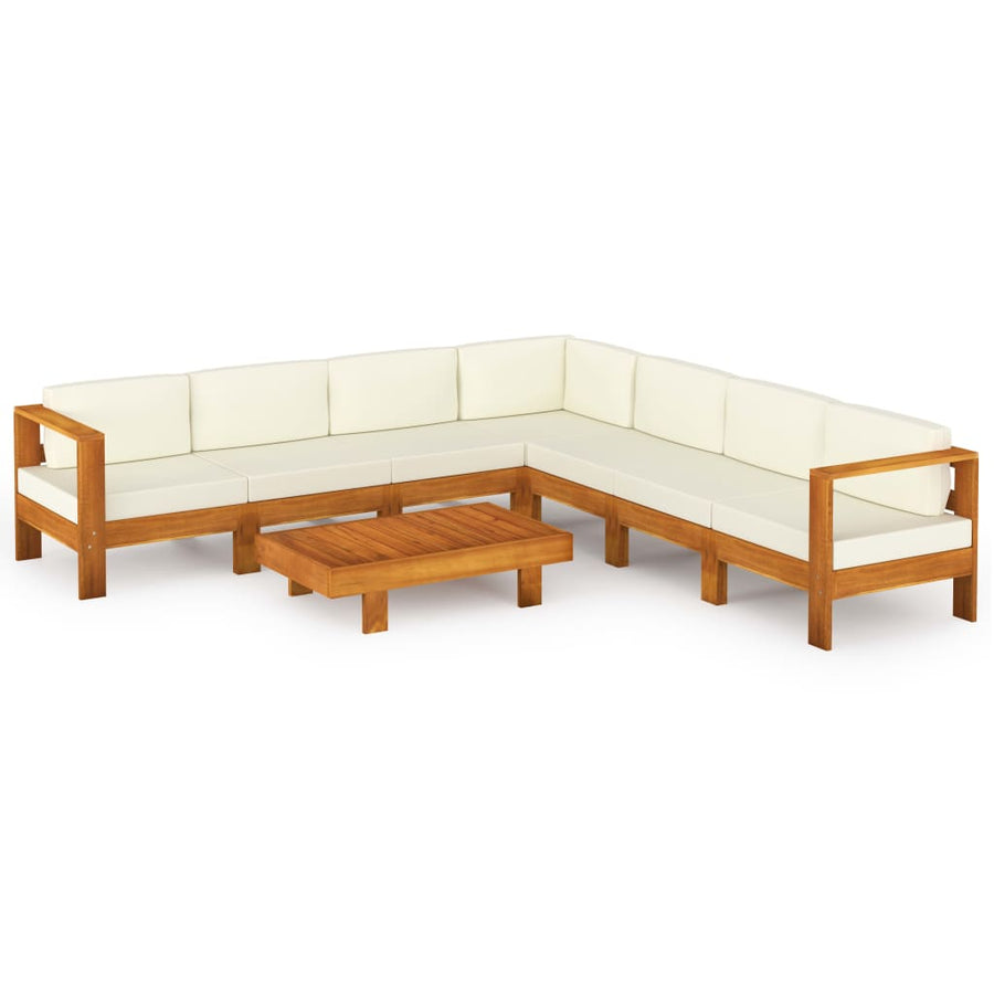 8-Delige Loungeset Met Witte Kussens Acaciahout Crème hoek + 6x midden + Tafel
