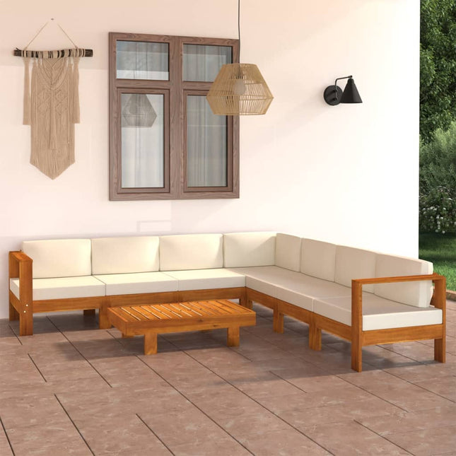 8-Delige Loungeset Met Witte Kussens Acaciahout Crème hoek + 6x midden + Tafel