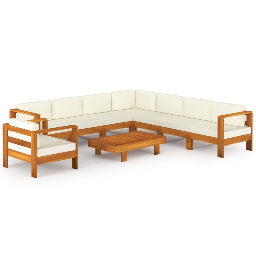 9-Delige Loungeset Met Witte Kussens Acaciahout Crème hoek + 6x midden + Fauteuil + Tafel