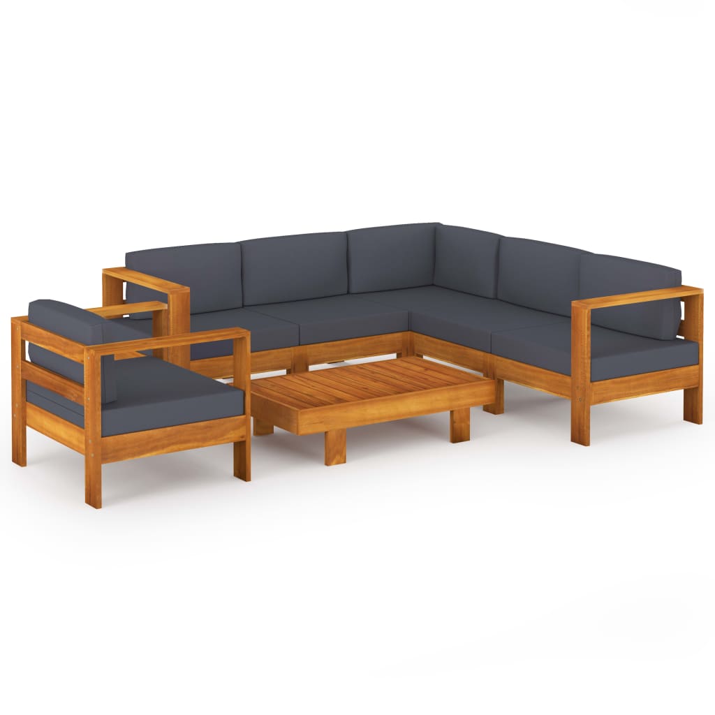 7-Delige Loungeset Met Donkergrijze Kussens Acaciahout 1 Donkergrijs 4x midden + hoek + Fauteuil + Tafel