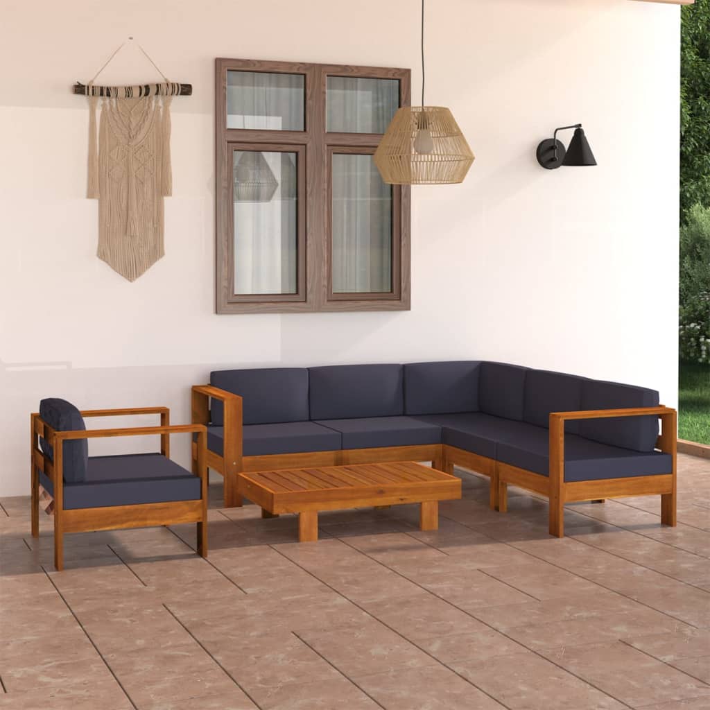 7-Delige Loungeset Met Donkergrijze Kussens Acaciahout 1 Donkergrijs 4x midden + hoek + Fauteuil + Tafel