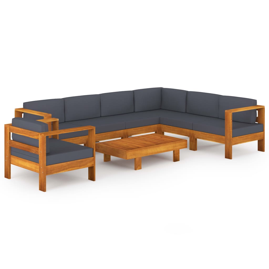 8-Delige Loungeset Met Donkergrijze Kussens Acaciahout 1 Donkergrijs hoek + 5x midden + Fauteuil + Tafel