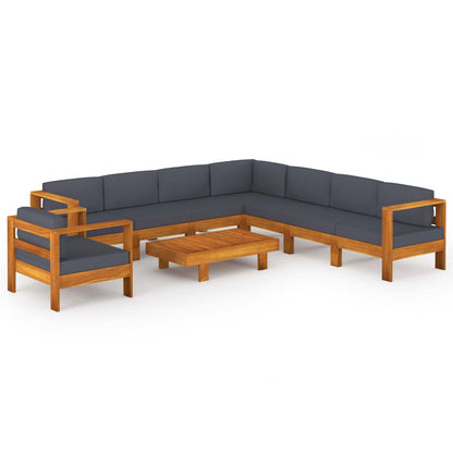 9-Delige Loungeset Met Donkergrijze Kussens Acaciahout 1 Donkergrijs hoek + 6x midden + Fauteuil + Tafel
