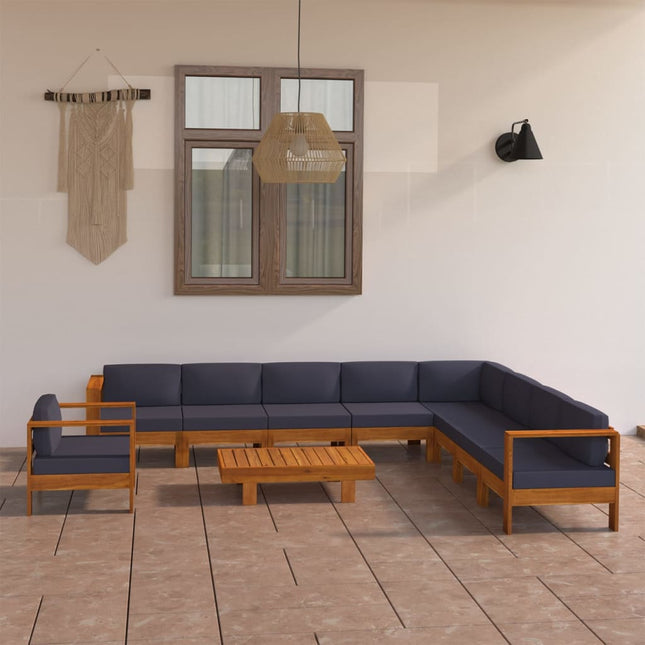 10-Delige Loungeset Met Donkergrijze Kussens Acaciahout Donkergrijs hoek + 7x midden + Fauteuil + Tafel