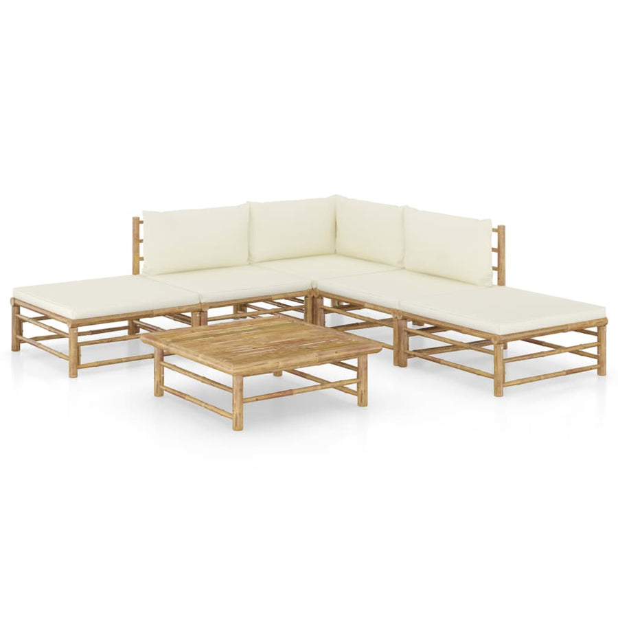6-Delige Loungeset Met Witte Kussens Bamboe Crème hoek + 2x midden + 2x voetensteun + Tafel