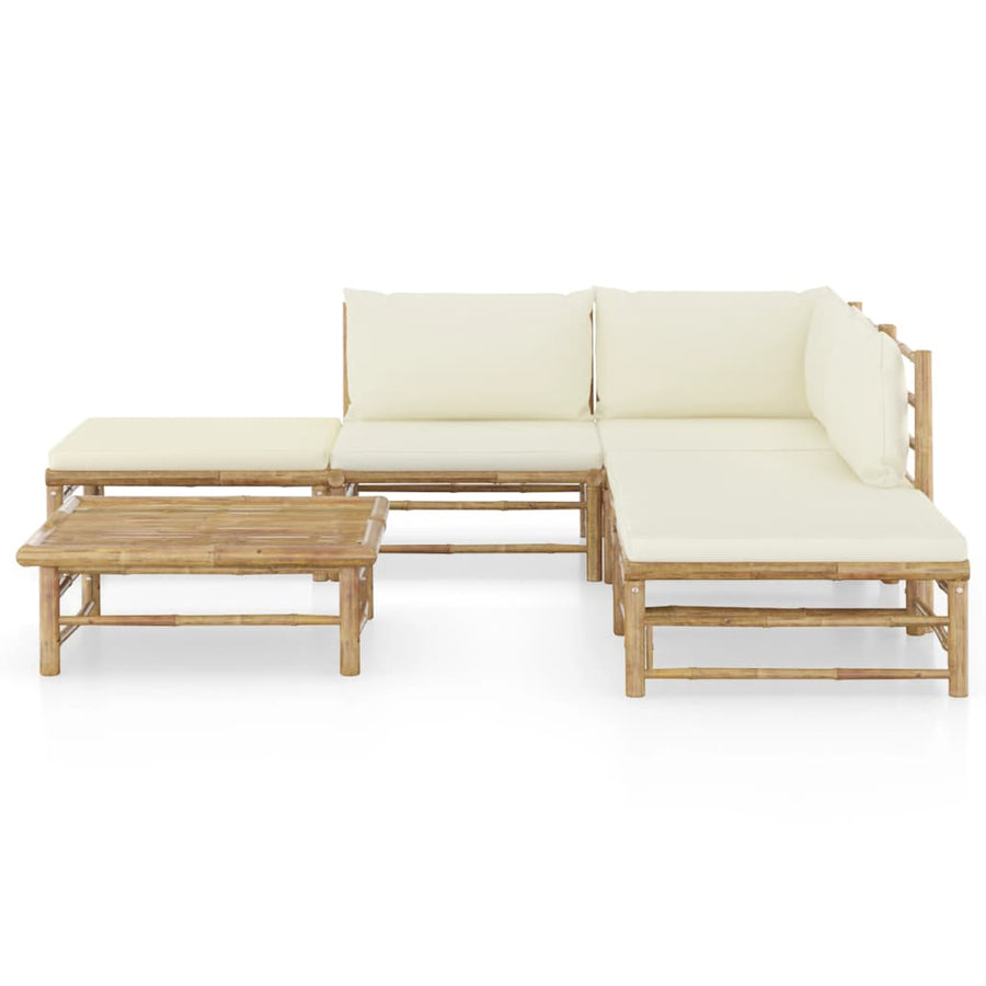 6-Delige Loungeset Met Witte Kussens Bamboe Crème hoek + 2x midden + 2x voetensteun + Tafel