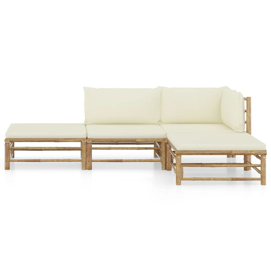 4-Delige Loungeset Met Witte Kussens Bamboe Crème hoek + midden + voetensteun + Tafel