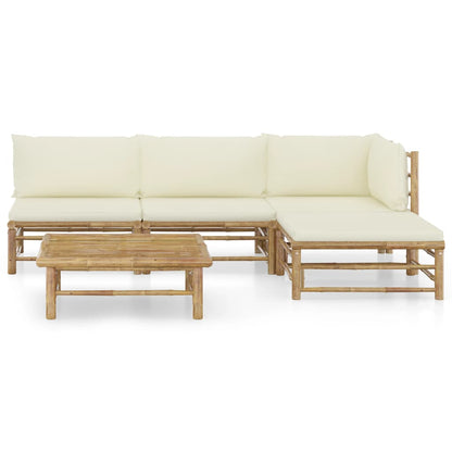 5-Delige Loungeset Met Witte Kussens Bamboe Crème hoek + 2x midden + voetensteun + Tafel