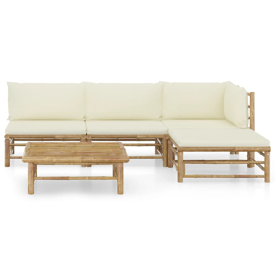 5-Delige Loungeset Met Witte Kussens Bamboe Crème hoek + 2x midden + voetensteun + Tafel