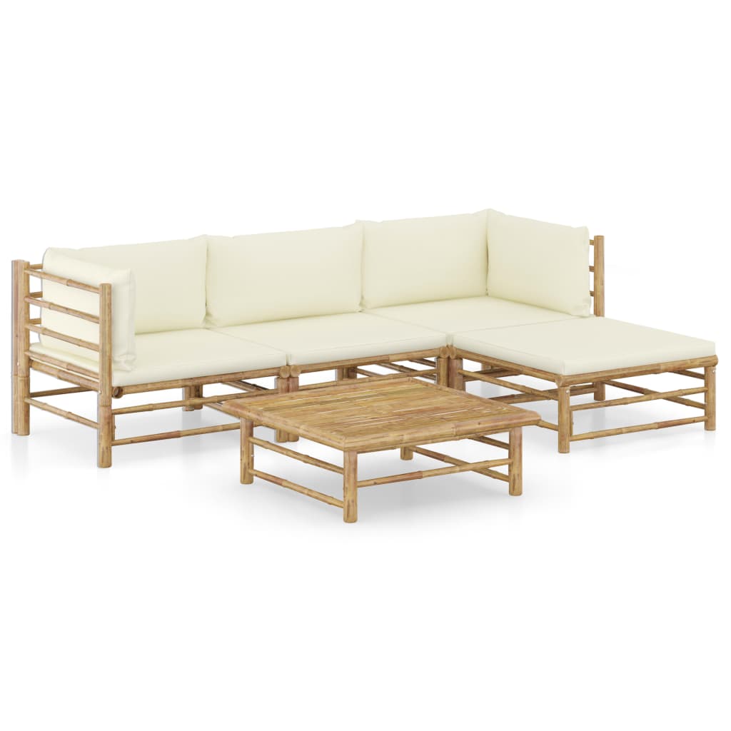 5-Delige Loungeset Met Witte Kussens Bamboe Crème 2x hoek + midden + voetensteun + Tafel