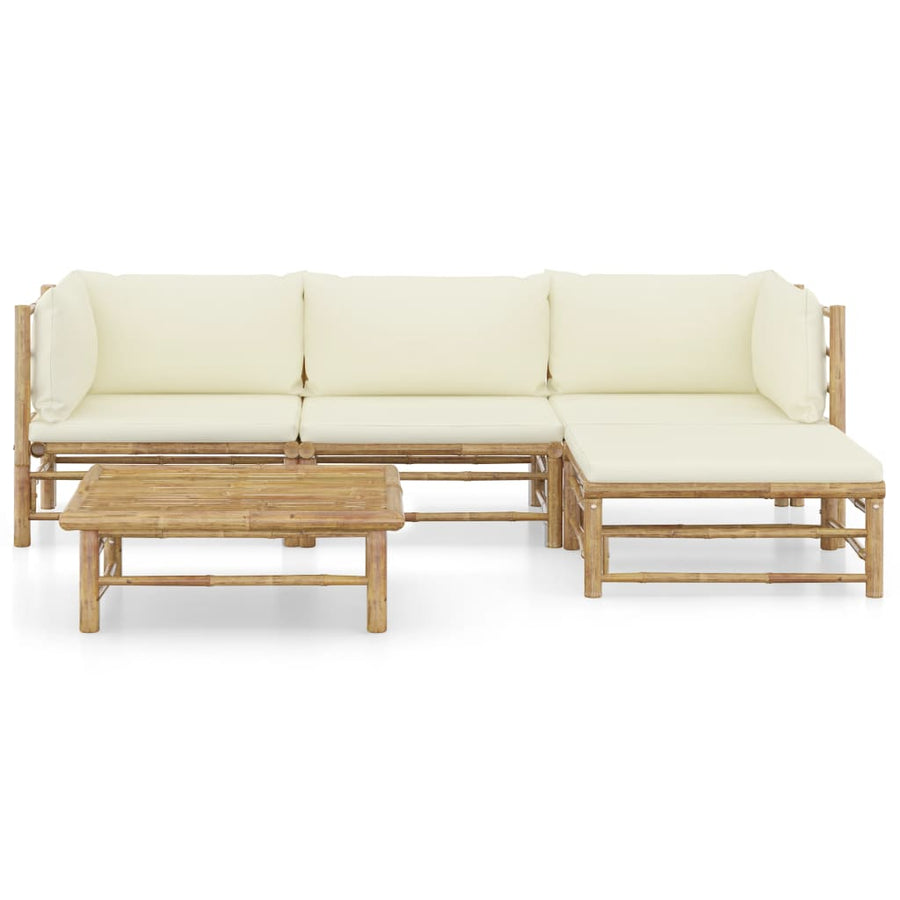 5-Delige Loungeset Met Witte Kussens Bamboe Crème 2x hoek + midden + voetensteun + Tafel