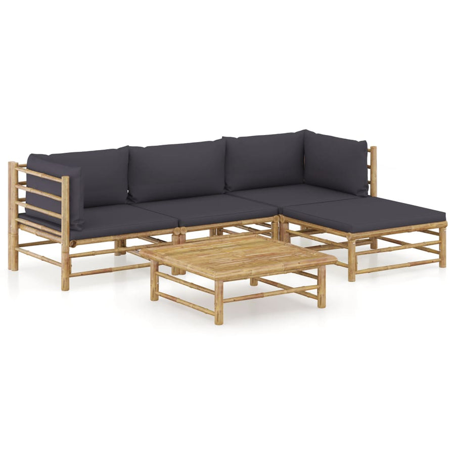 5-Delige Loungeset Met Donkergrijze Kussens Bamboe Donkergrijs 2x hoek + midden + voetensteun + Tafel