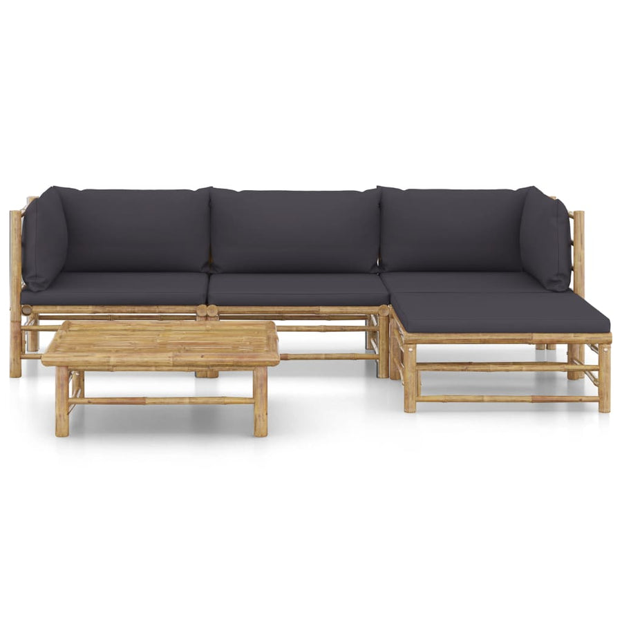 5-Delige Loungeset Met Donkergrijze Kussens Bamboe Donkergrijs 2x hoek + midden + voetensteun + Tafel