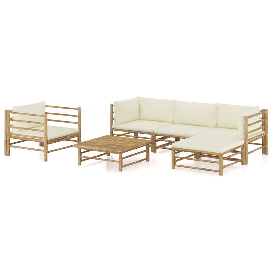 6-Delige Loungeset Met Witte Kussens Bamboe Crème 2x hoek + midden + Fauteuil + voetensteun + Tafel