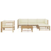 6-Delige Loungeset Met Witte Kussens Bamboe Crème 2x hoek + midden + Fauteuil + voetensteun + Tafel