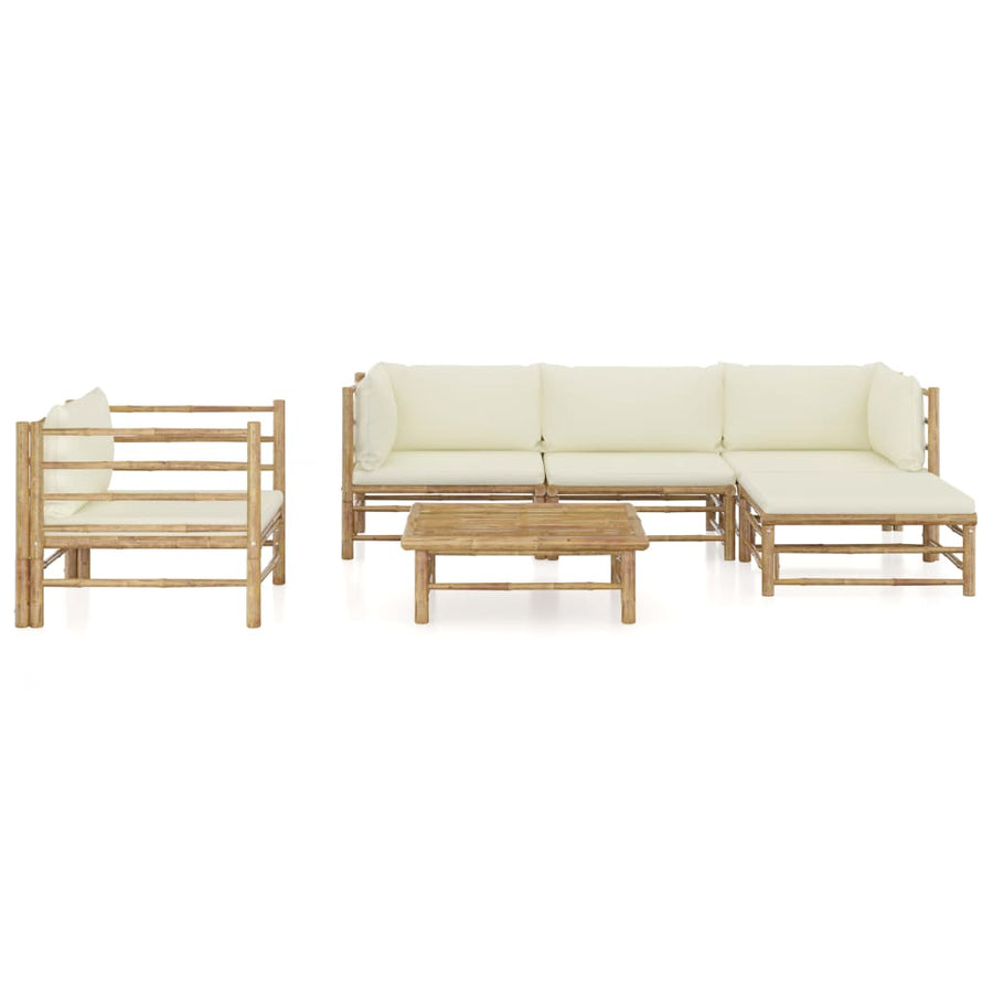 6-Delige Loungeset Met Witte Kussens Bamboe Crème 2x hoek + midden + Fauteuil + voetensteun + Tafel