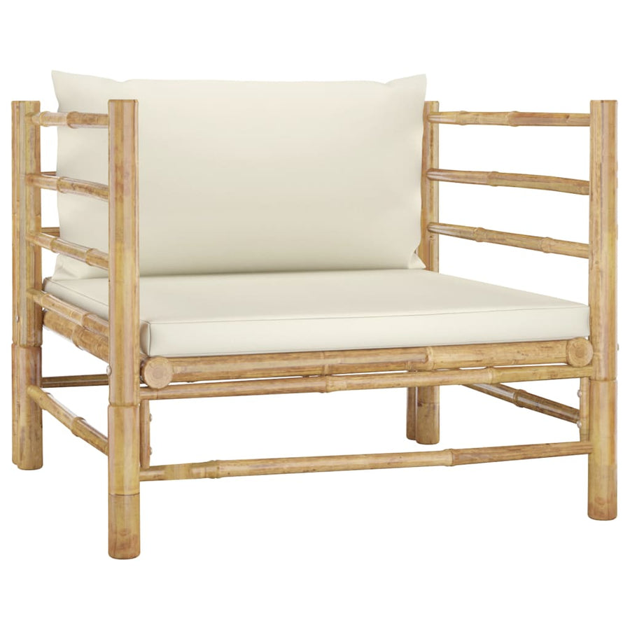 6-Delige Loungeset Met Witte Kussens Bamboe Crème 2x hoek + midden + Fauteuil + voetensteun + Tafel
