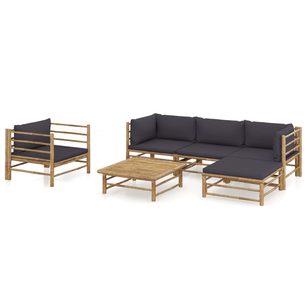 6-Delige Loungeset Met Donkergrijze Kussens Bamboe Donkergrijs 2x hoek + midden + Fauteuil + voetensteun + Tafel