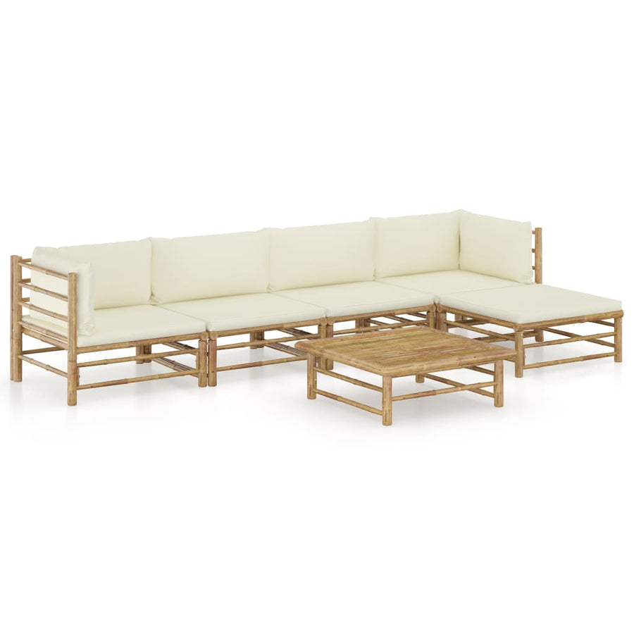 6-Delige Loungeset Met Witte Kussens Bamboe Crème 2x hoek + 2x midden + voetensteun + Tafel