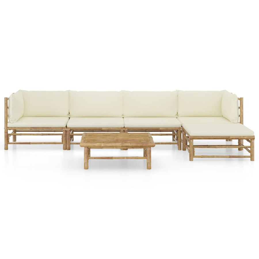 6-Delige Loungeset Met Witte Kussens Bamboe Crème 2x hoek + 2x midden + voetensteun + Tafel