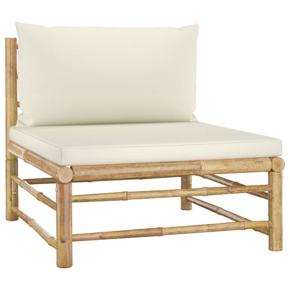 6-Delige Loungeset Met Witte Kussens Bamboe Crème 2x hoek + 2x midden + voetensteun + Tafel