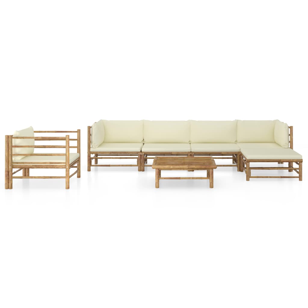 7-Delige Loungeset Met Witte Kussens Bamboe Crème 2x hoek + 2x midden + Fauteuil + voetensteun + Tafel