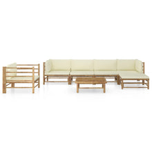 7-Delige Loungeset Met Witte Kussens Bamboe Crème 2x hoek + 2x midden + Fauteuil + voetensteun + Tafel