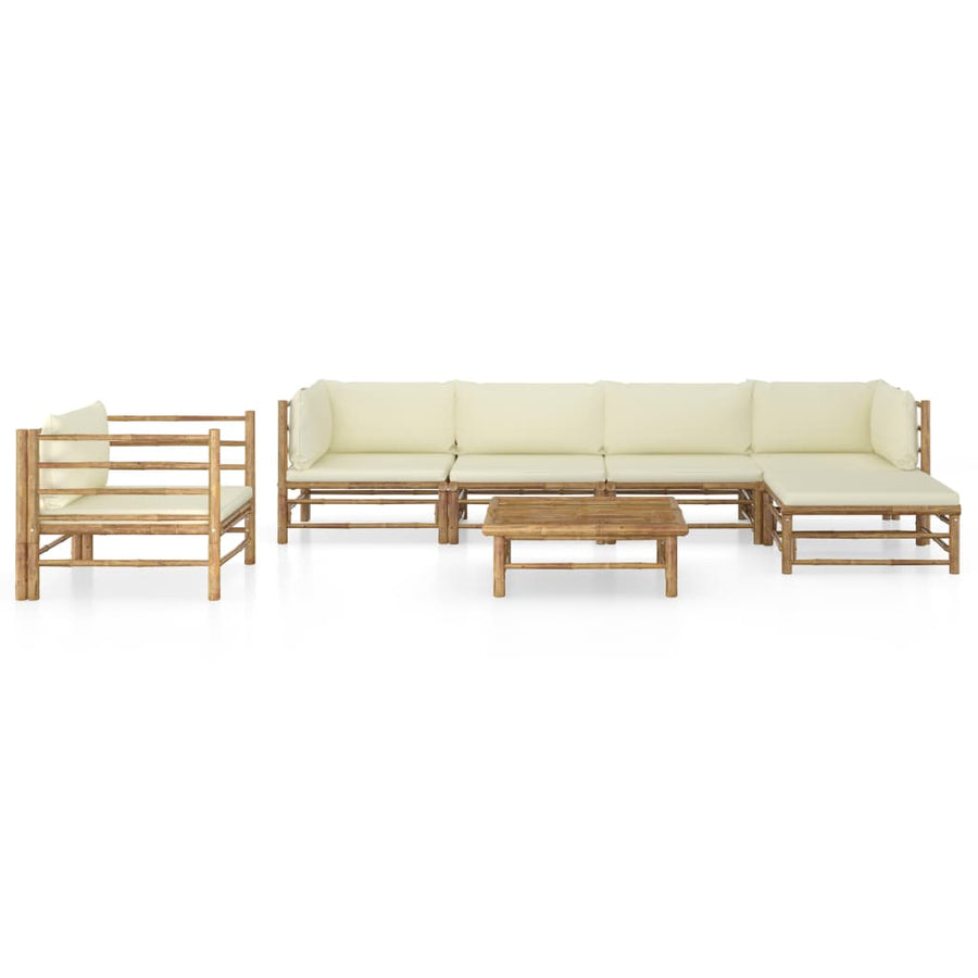 7-Delige Loungeset Met Witte Kussens Bamboe Crème 2x hoek + 2x midden + Fauteuil + voetensteun + Tafel