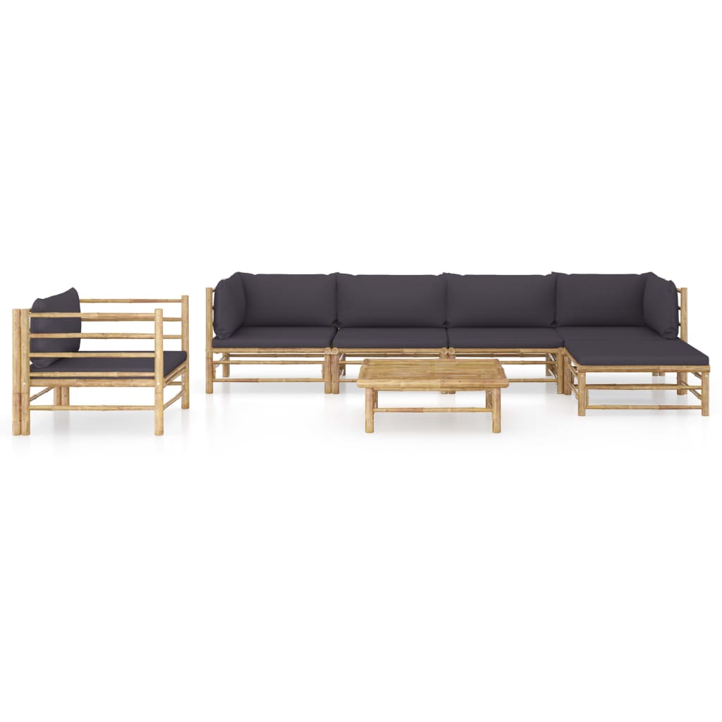 7-Delige Loungeset Met Donkergrijze Kussens Bamboe Donkergrijs 2x hoek + 2x midden + Fauteuil + voetensteun + Tafel
