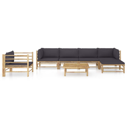 7-Delige Loungeset Met Donkergrijze Kussens Bamboe Donkergrijs 2x hoek + 2x midden + Fauteuil + voetensteun + Tafel