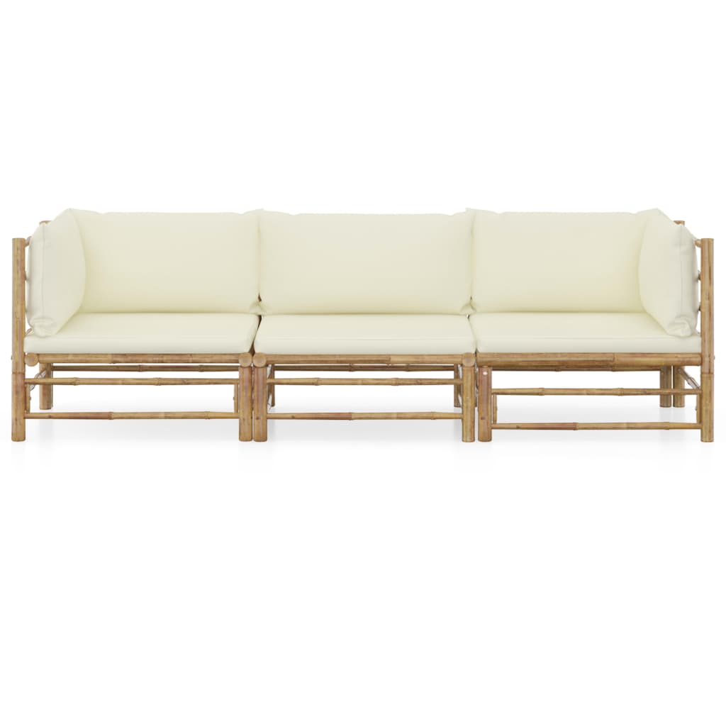 3-Delige Loungeset Met Witte Kussens Bamboe Crème 2x hoek + midden