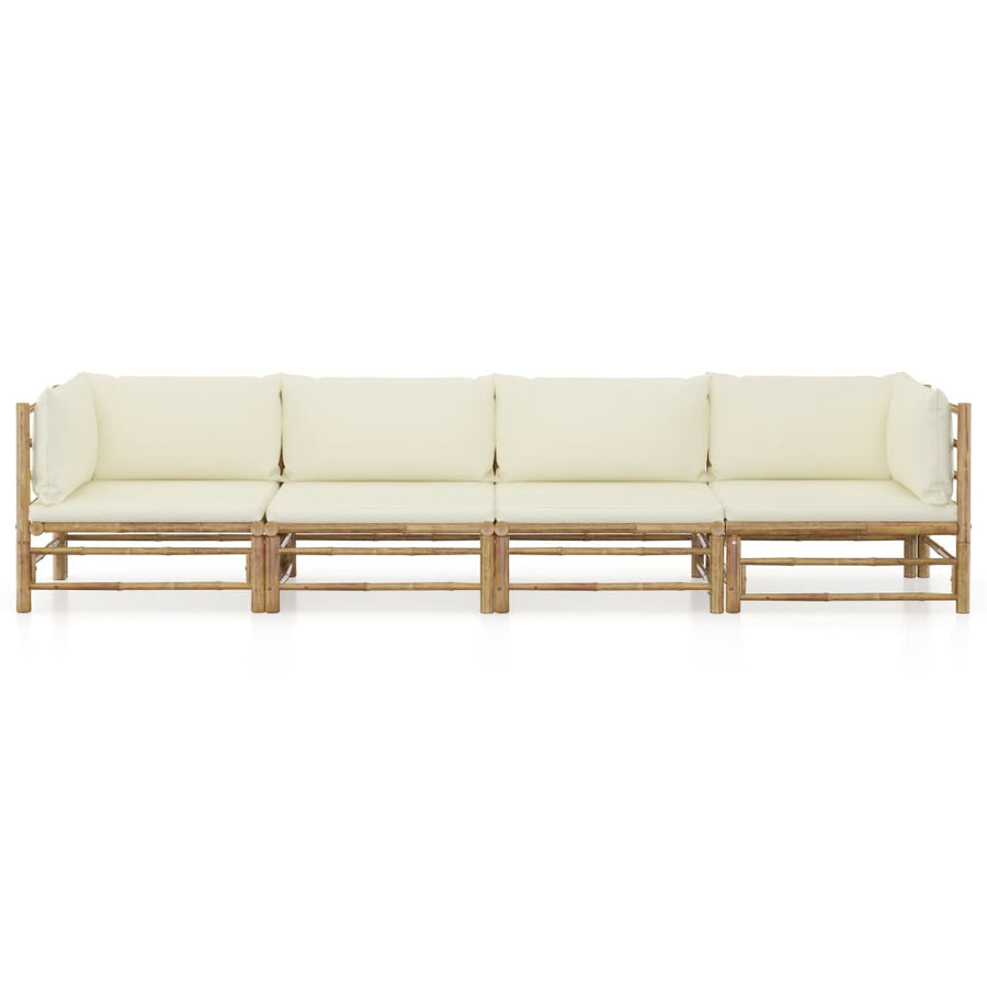 4-Delige Loungeset Met Witte Kussens Bamboe Crème 2x hoek + 2x midden
