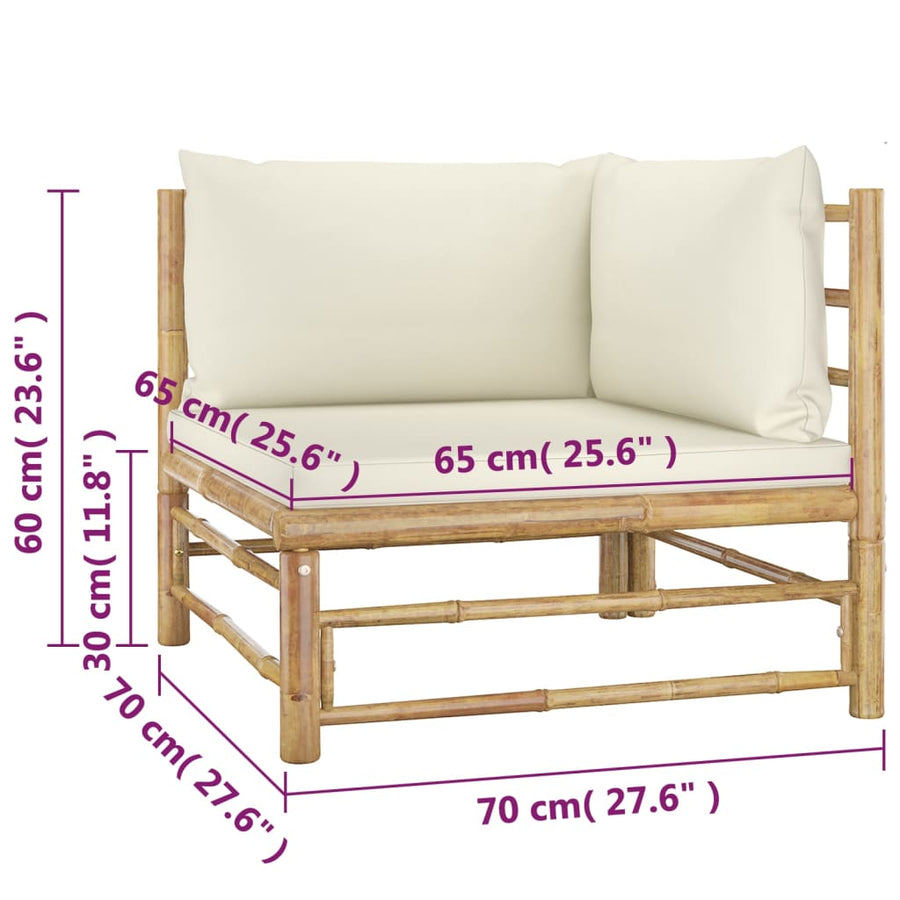 4-Delige Loungeset Met Witte Kussens Bamboe Crème 2x hoek + 2x midden