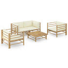 5-Delige Loungeset Met Witte Kussens Bamboe Crème 2x hoek + 2x Fauteuil + Tafel