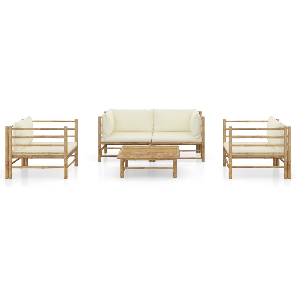 5-Delige Loungeset Met Witte Kussens Bamboe Crème 2x hoek + 2x Fauteuil + Tafel