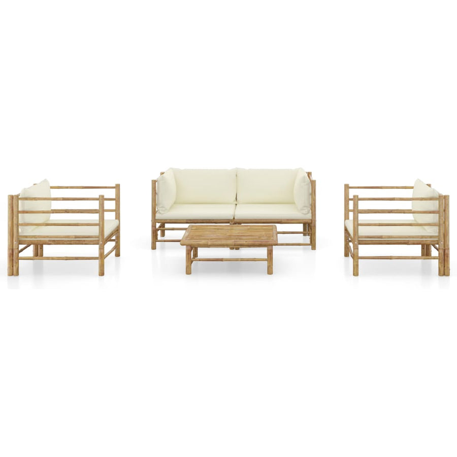 5-Delige Loungeset Met Witte Kussens Bamboe Crème 2x hoek + 2x Fauteuil + Tafel